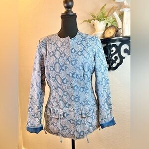 Chi by Falchi Vintage Y2K Blue 100% Leather Snake Print Button Up Jacket Sz S
